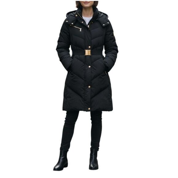 Cole Haan Puffer Coat Down Winter Hooded Long Black XL - Picture 1 of 8